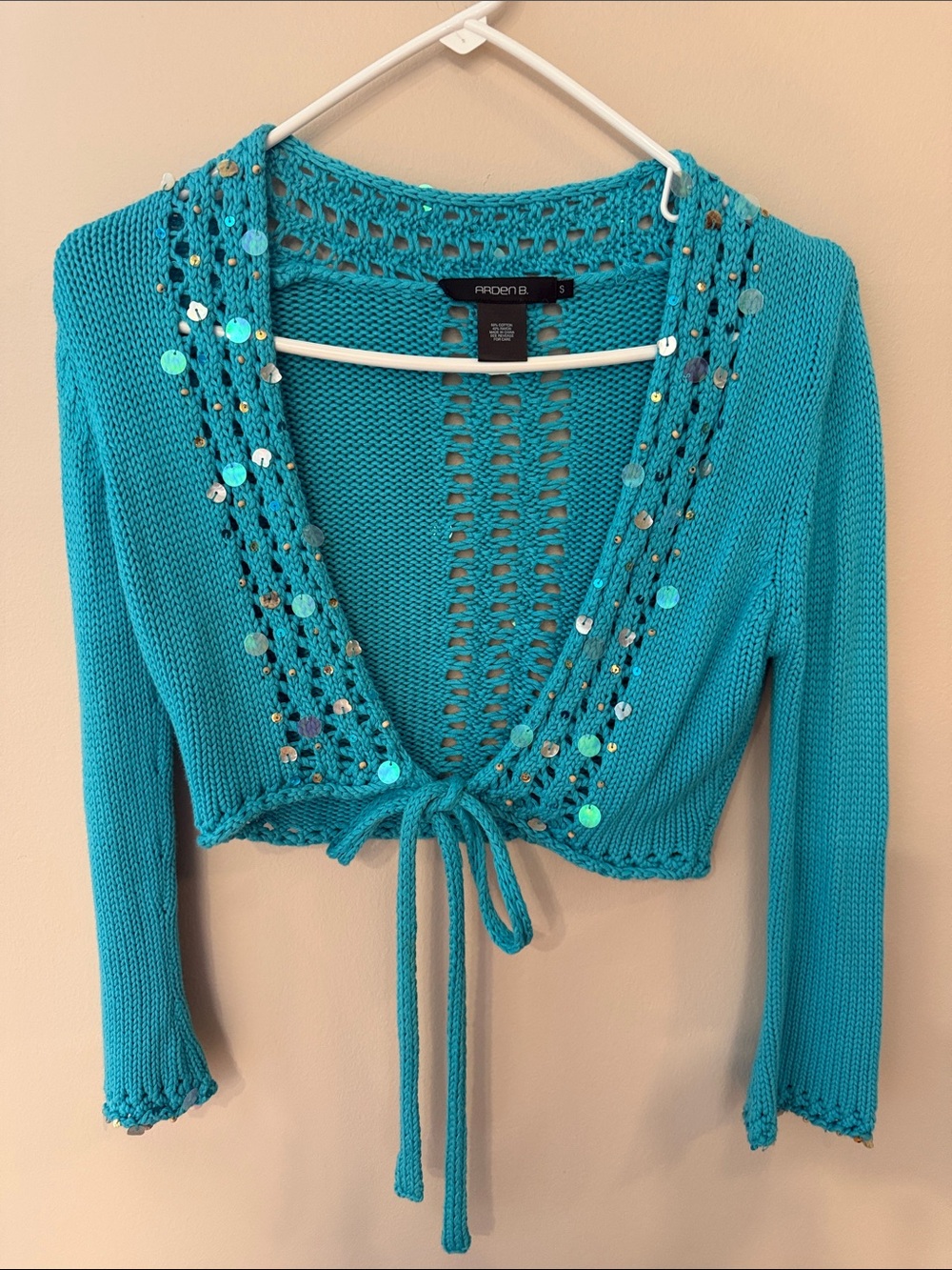 Arden B Turquoise Sequined Crochet Tie-Front Crop Top/ Bolero